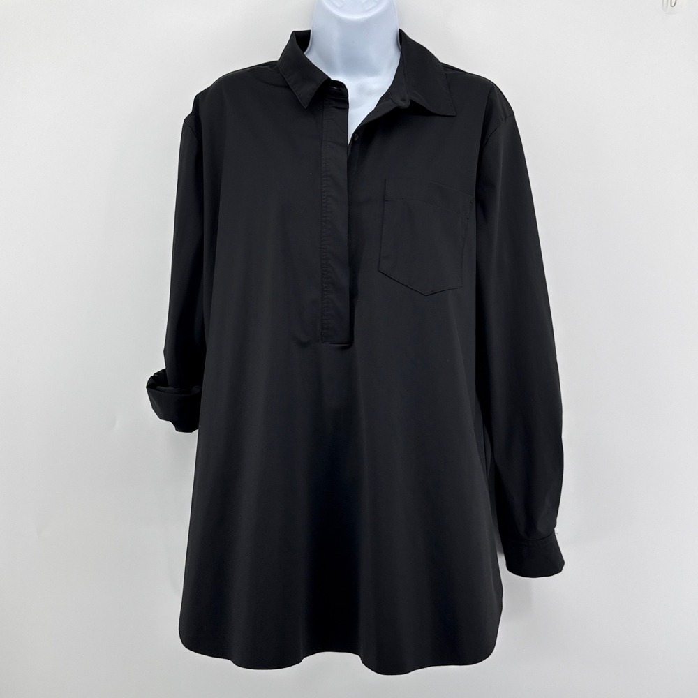 Lysse New York Womens M Black Stripe Back Popover Tunic Shirt Roll Tab Sleeve